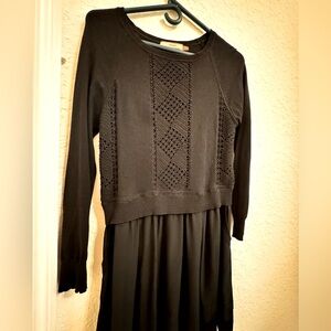 Mixed media dress crochet Knit  top Sweater and 100% silk skirt with pockets